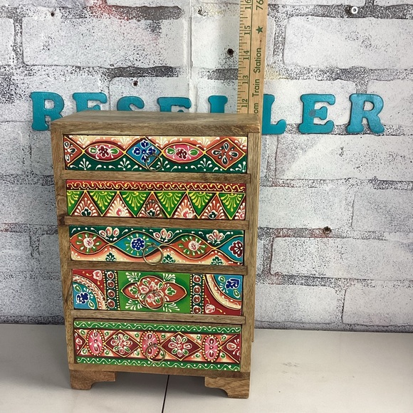 Wooden Handmade Hand-Painted 5-Drawer Chest Rainbow Embossed Work, India - Picture 9 of 12